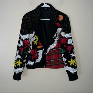 Vintage MODI Denim 80s Sequin Black Jacket Floral Plaid Abstract Size Medium
